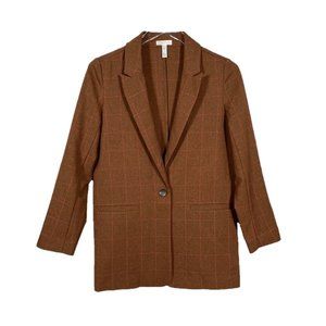 Leith Windowpane Check Boyfriend Blazer Jacket Brown with Pink Stripes Sz XXS